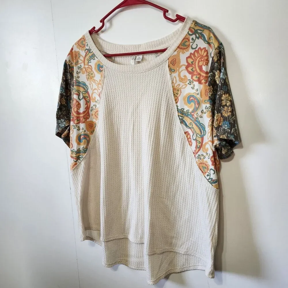 Cato Womens XL Floral Patchwork Waffle Knit Top Raglan Short Sleeve Boho - Picture 2 of 8